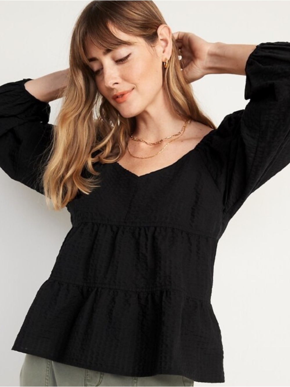 Black Tiered Seersucker Blouse